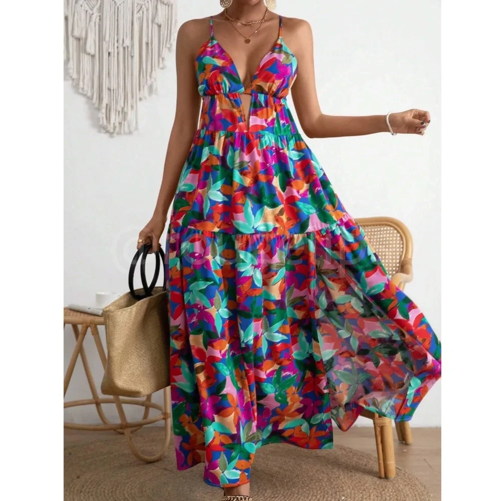 Tropical Floral Multicolor Maxi Cami Cut Out Criss Cross Straps Dress Babydoll - Picture 1 of 7